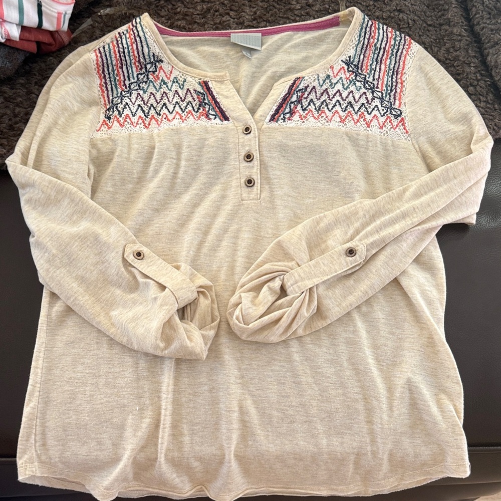 Elegant Beige Embroidered Long Sleeve Top